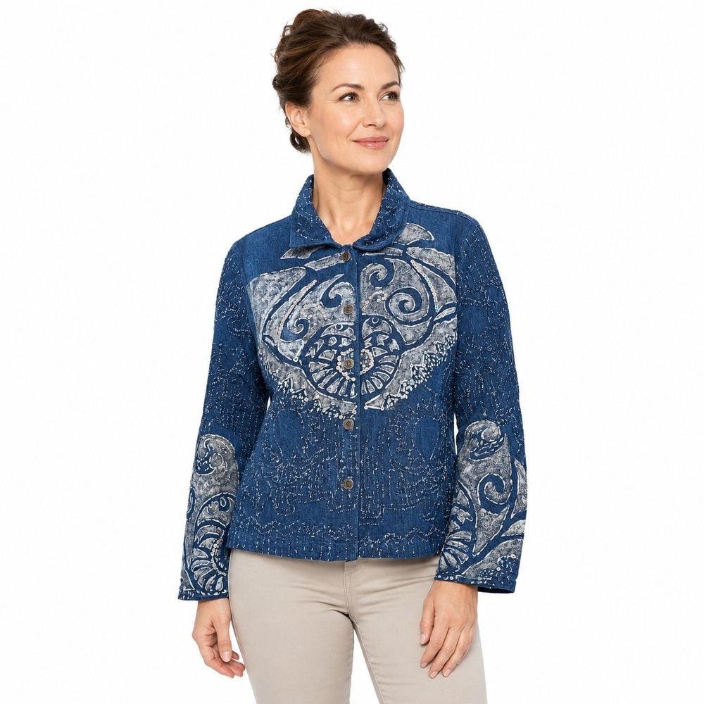 Sandy Starkman Jacket Women L Blue Art Wear Embroidered Beaded Sequin Denim Boho